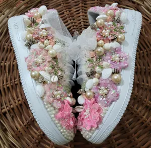 FUNKY N TRENDY pink/white floral butterfly theme sneakers with shells pearls detailing for brides / bridesmaids / bridal sneakers / bridesmaid sneakers / bridal shoes/ pink and blue shoes