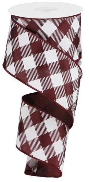 2.5" Diagonal Check Satin Ribbon: Maroon/White - 10yds