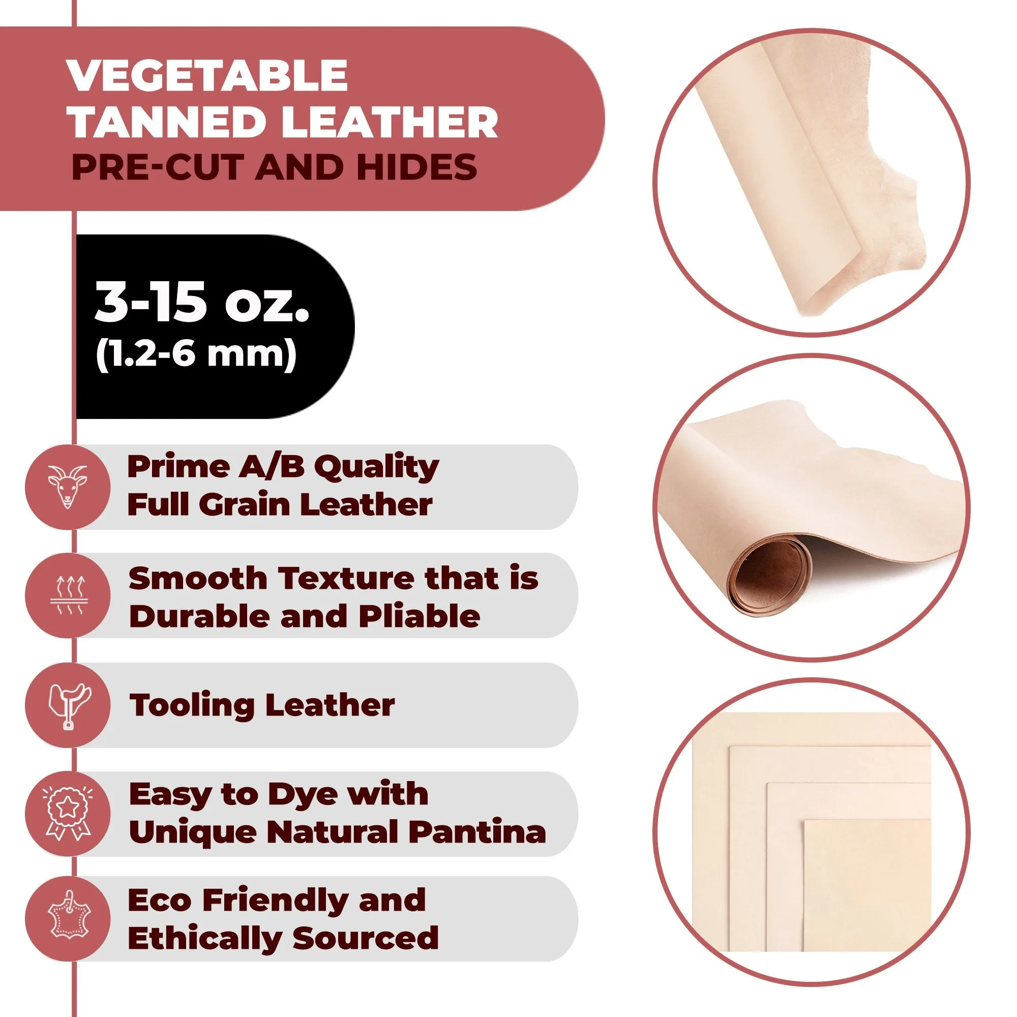 8-11 oz. (3-5mm) Vegetable Tanned Craftsmen Cut Leather Tooling Leather Cowhide Full Grain Leather