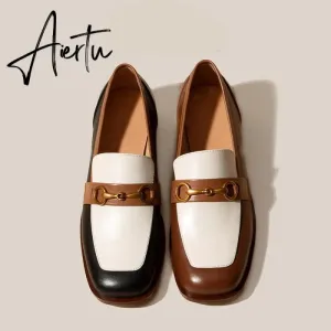 Aiertu Penny Loafers Women Genuine Leather Color Block Slip On Square Toe Metal Decoration Flats Ladies Shoes