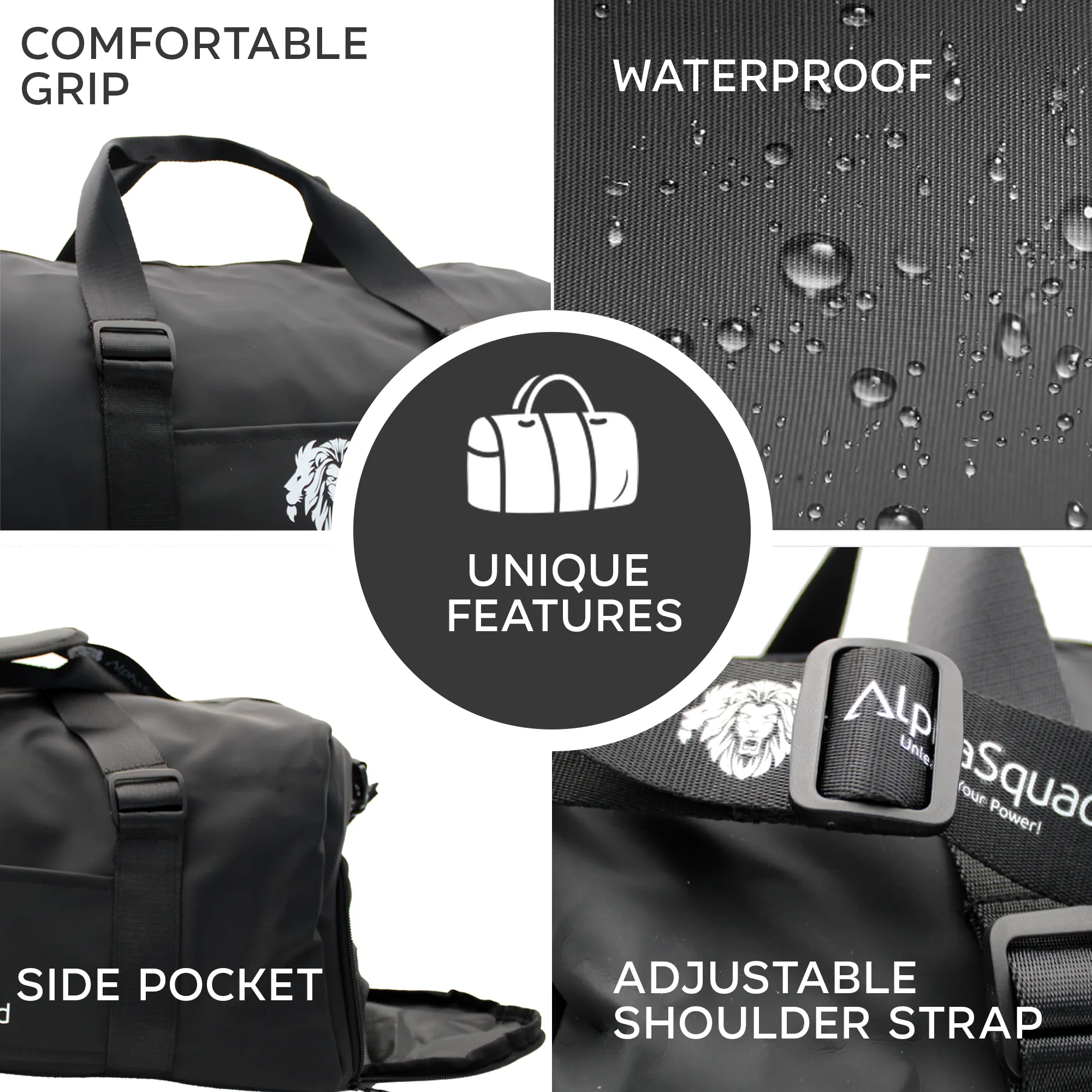 AlphaSquad Sports Bag with Shoes Compartment, Gym Bag with Waterproof Pocket for Towels, Travel Duffel Bag for Men and Women, Black