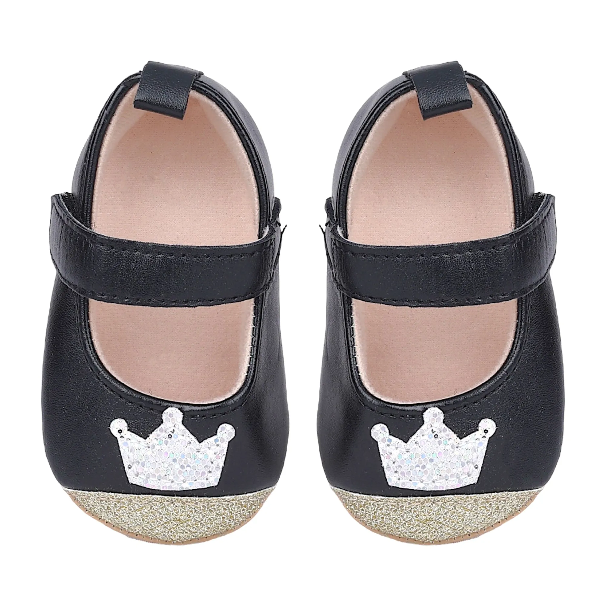 Baby Moo Crown Sequin Partywear Anti-Skid Ballerina Booties - Black