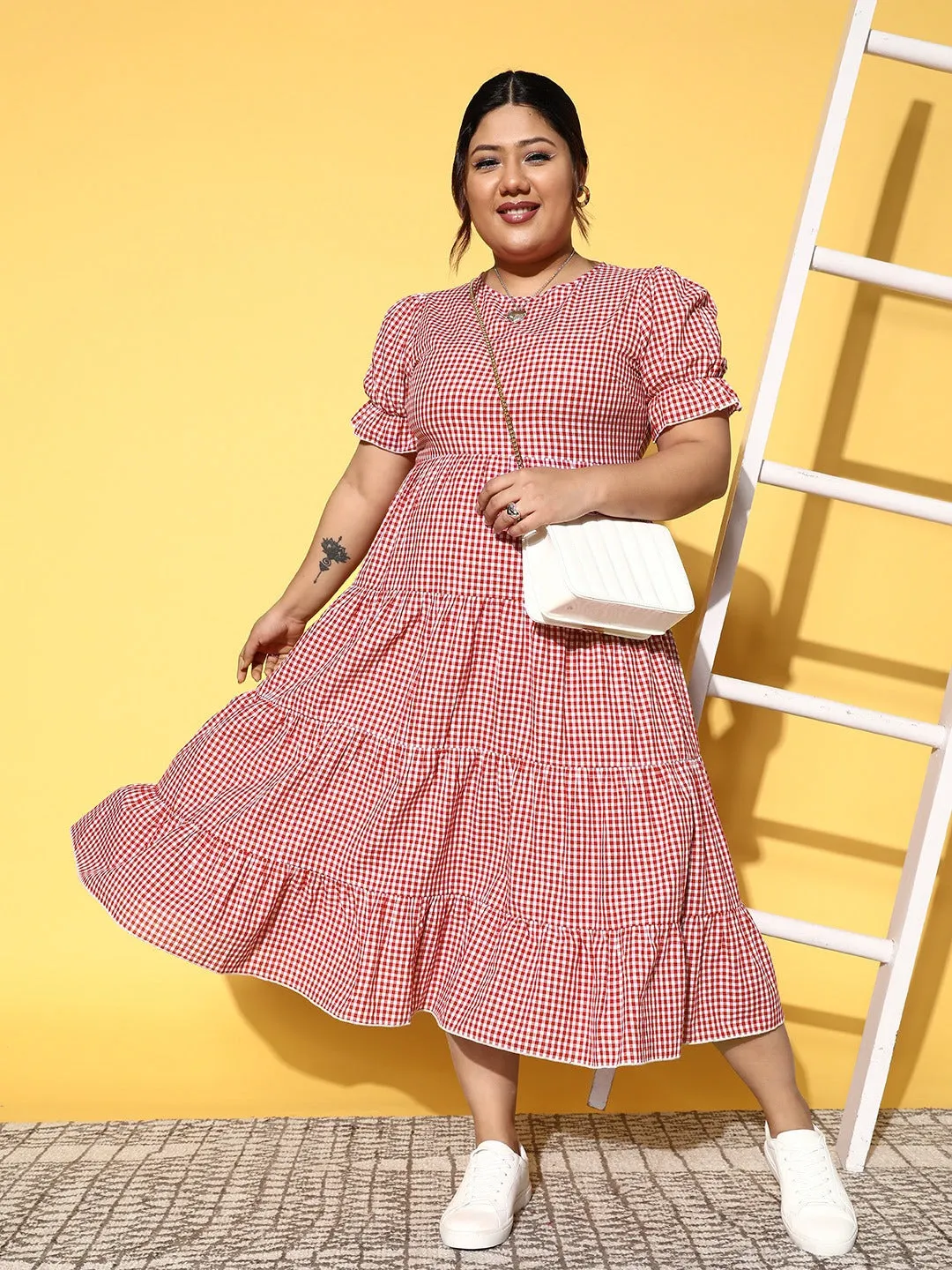 Berrylush Women Plus Size Red & White Checked Pattern Round Neck Cotton Flounce Hem Pleated A-Line Midi Dress