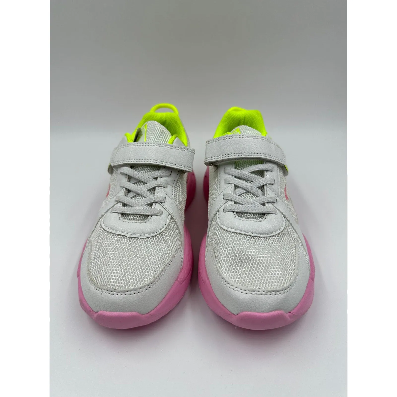 Big Kid Size 3, White Sneakers with Pink Soles, and Yellow Accents, with Straps