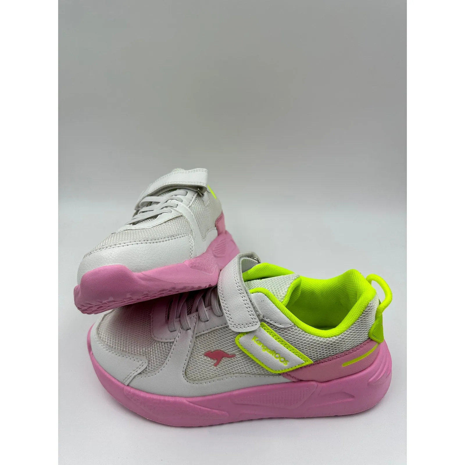 Big Kid Size 3, White Sneakers with Pink Soles, and Yellow Accents, with Straps