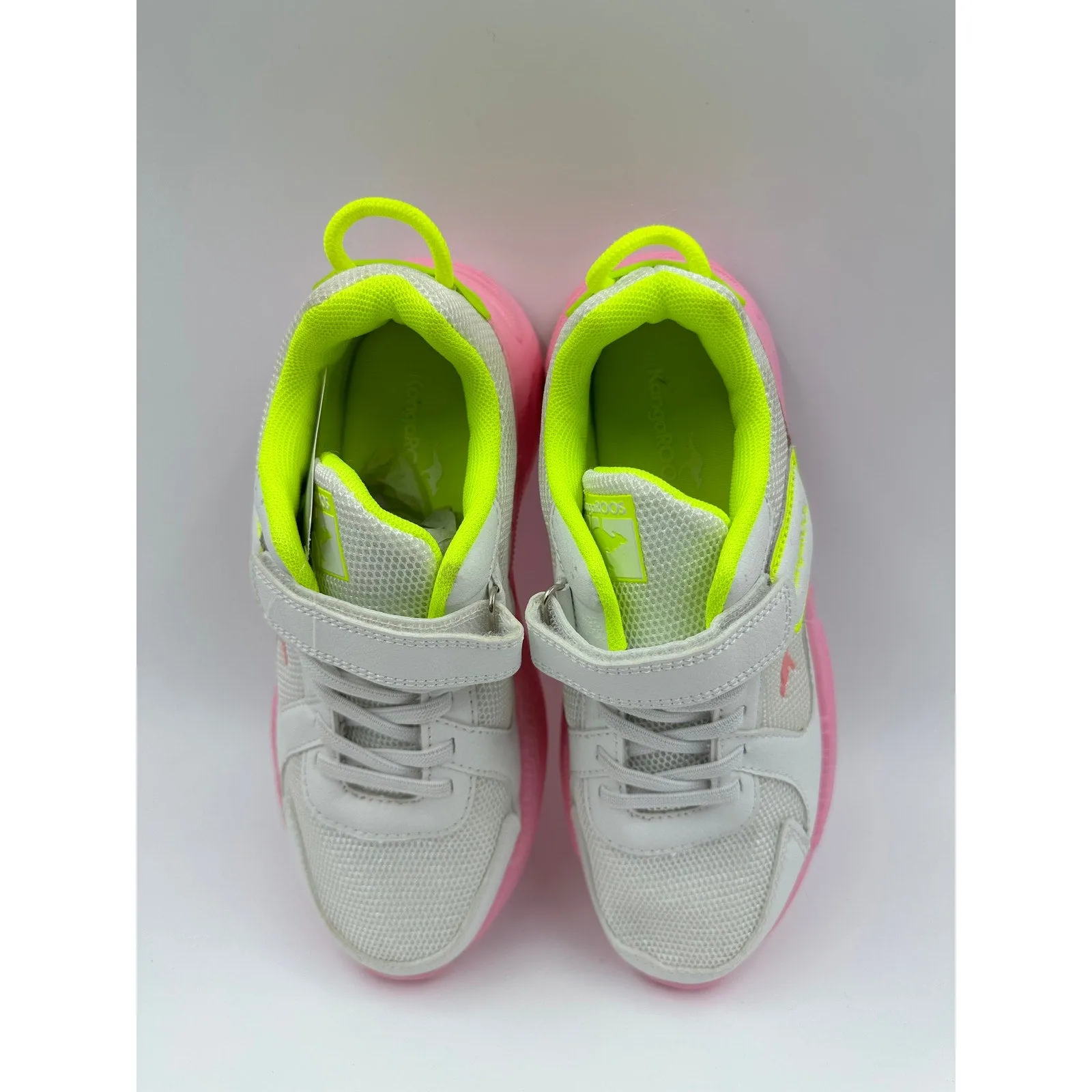 Big Kid Size 3, White Sneakers with Pink Soles, and Yellow Accents, with Straps