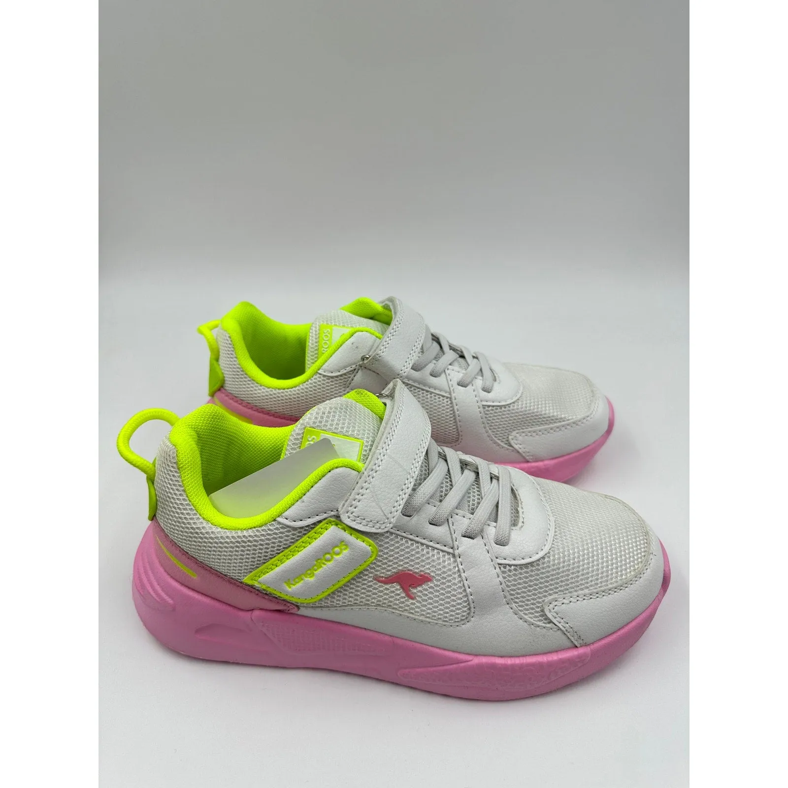 Big Kid Size 3, White Sneakers with Pink Soles, and Yellow Accents, with Straps