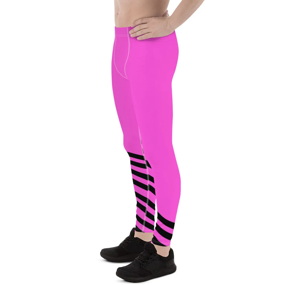 Black Pink Diagonal Striped Meggings, Best Designer Men's Athletic Running Leggings-Made in USA/EU/MX