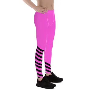 Black Pink Diagonal Striped Meggings, Best Designer Men's Athletic Running Leggings-Made in USA/EU/MX