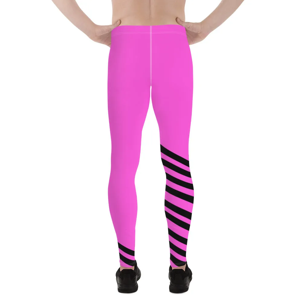 Black Pink Diagonal Striped Meggings, Best Designer Men's Athletic Running Leggings-Made in USA/EU/MX