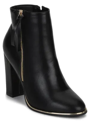 Black PU Side Zipper Block Heel Ankle Boots