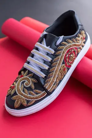 Black Sneakers With Golden Zardozi Embroidery