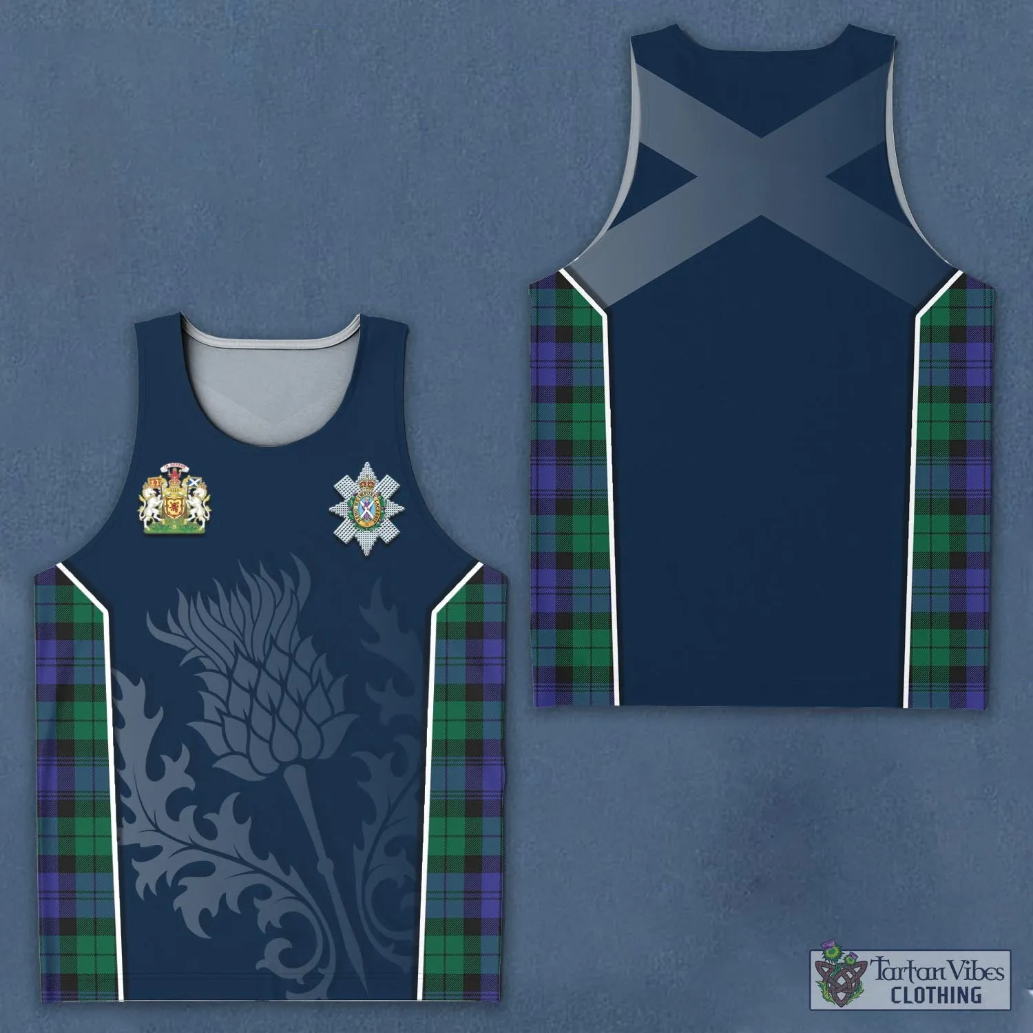 Black Watch Modern Tartan Men's Tanks Top with Family Crest and Scottish Thistle Vibes Sport Style