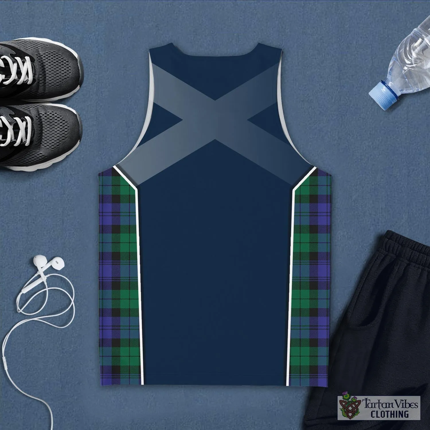 Black Watch Modern Tartan Men's Tanks Top with Family Crest and Scottish Thistle Vibes Sport Style