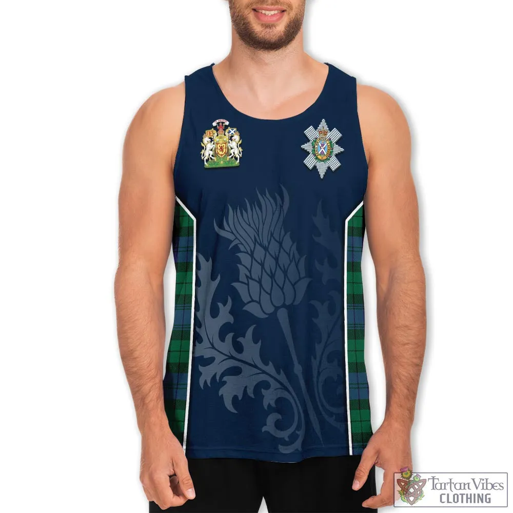 Black Watch Modern Tartan Men's Tanks Top with Family Crest and Scottish Thistle Vibes Sport Style