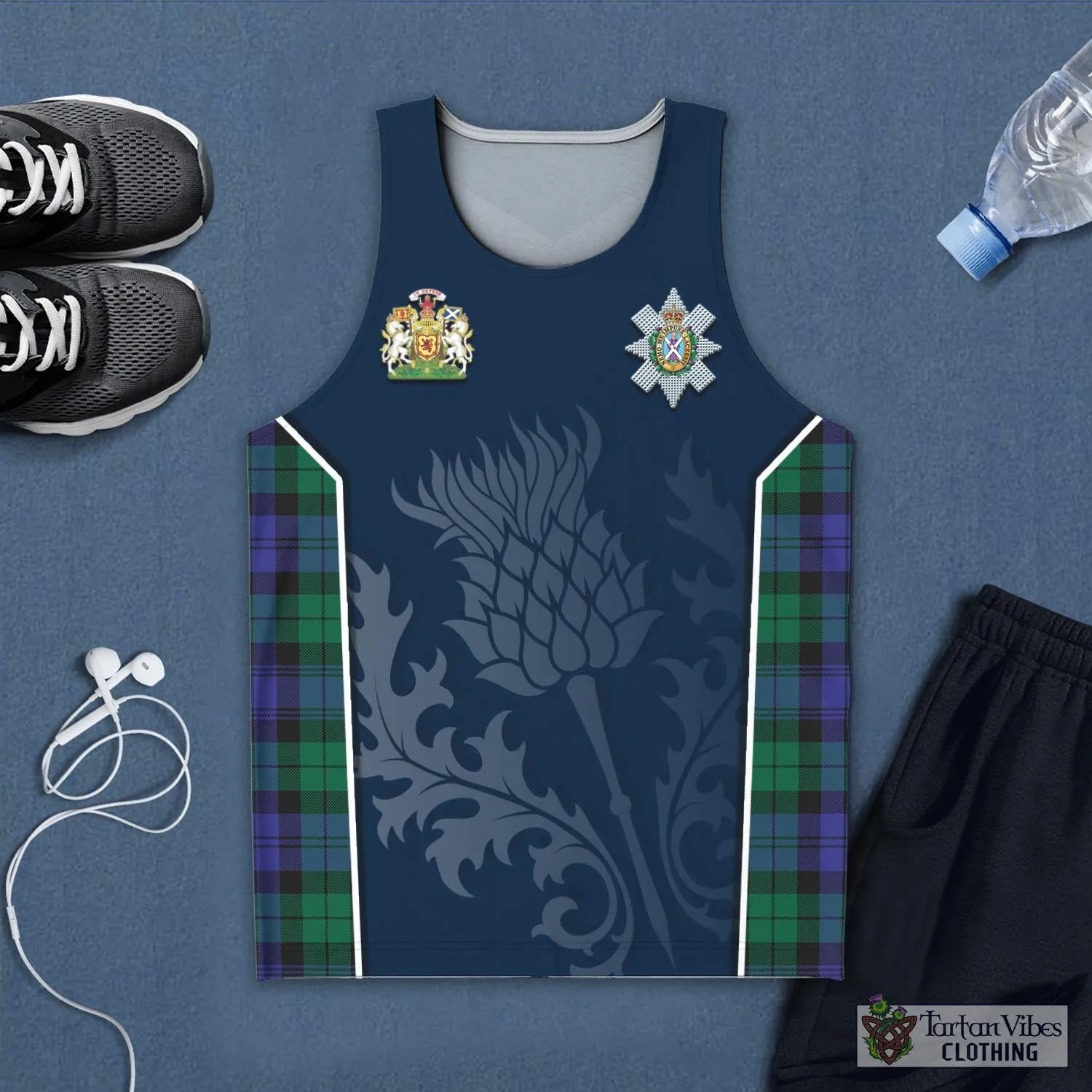 Black Watch Modern Tartan Men's Tanks Top with Family Crest and Scottish Thistle Vibes Sport Style