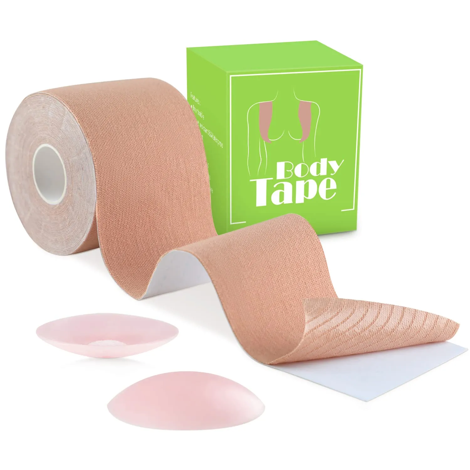 Boob Tape, Boobytape for Breast Lift with 2 Reusable Silicone Covers, Breast Tape Lifting Large Breast A-E Cup Size, Kinesiology Tape Waterproof Body Tape for Breast Push Up for Strapless Dress Beige