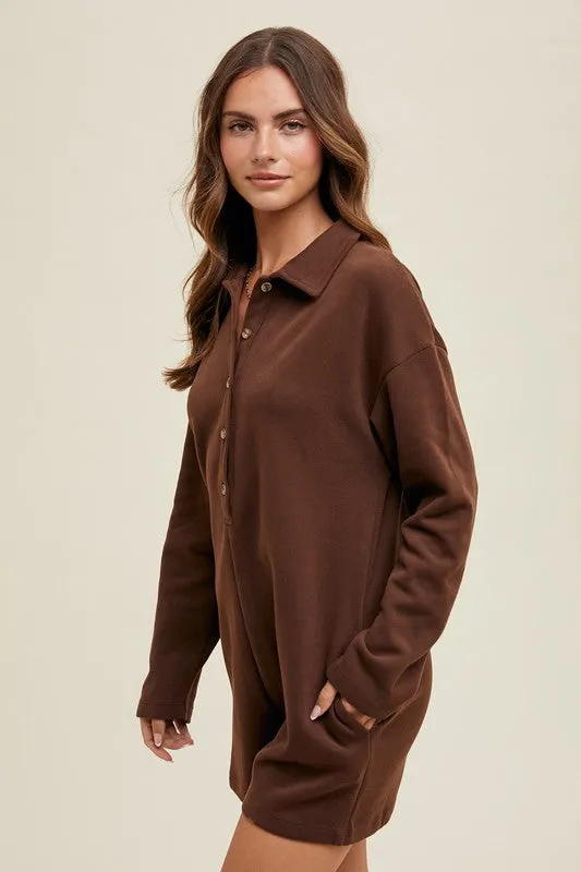 Brushed Knit Button Up Romper - Chocolate