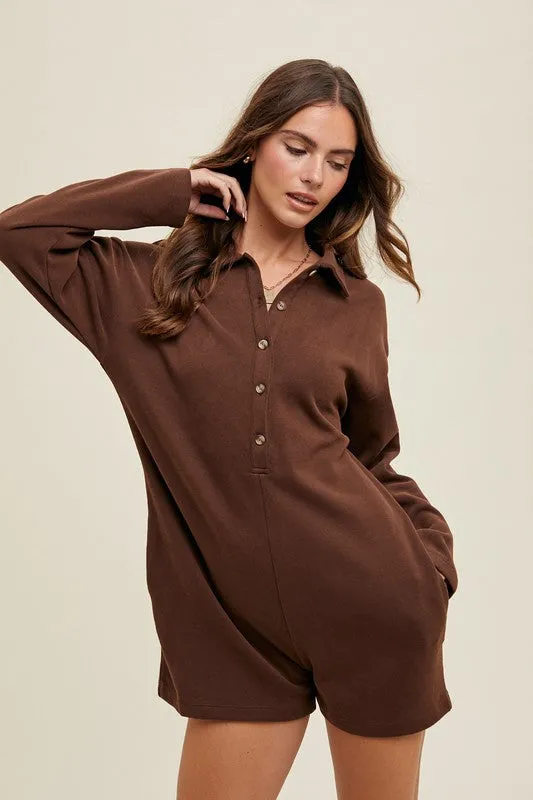 Brushed Knit Button Up Romper - Chocolate