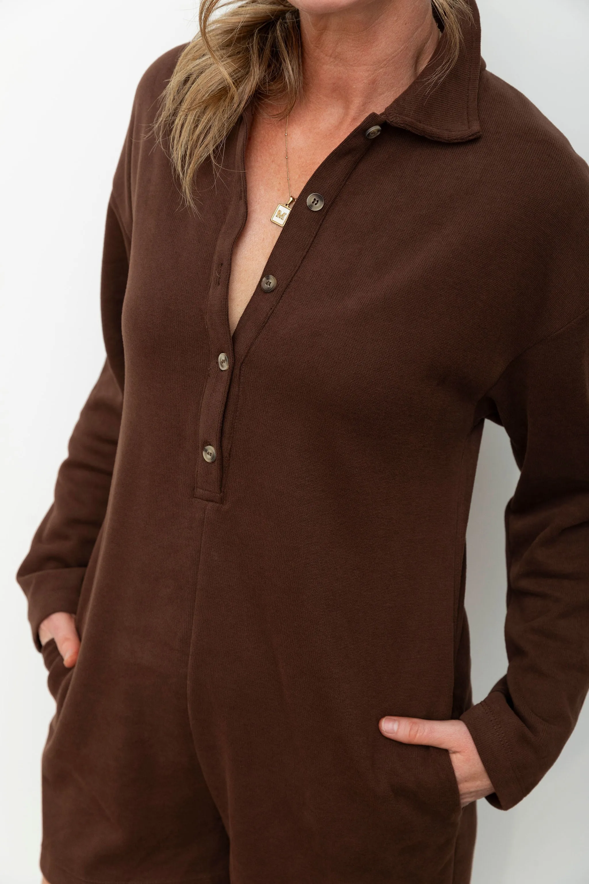 Brushed Knit Button Up Romper - Chocolate