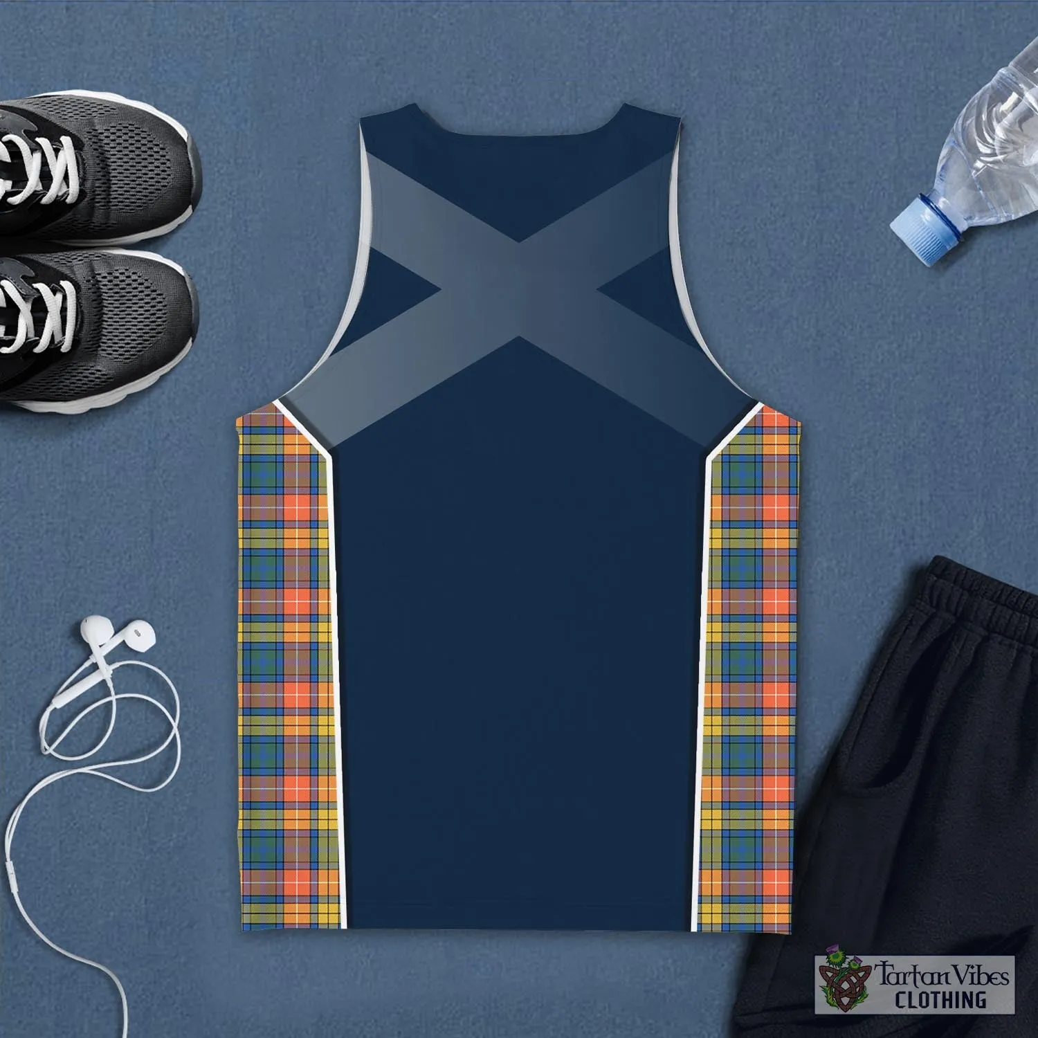 Buchanan Ancient Tartan Men's Tanks Top with Family Crest and Scottish Thistle Vibes Sport Style