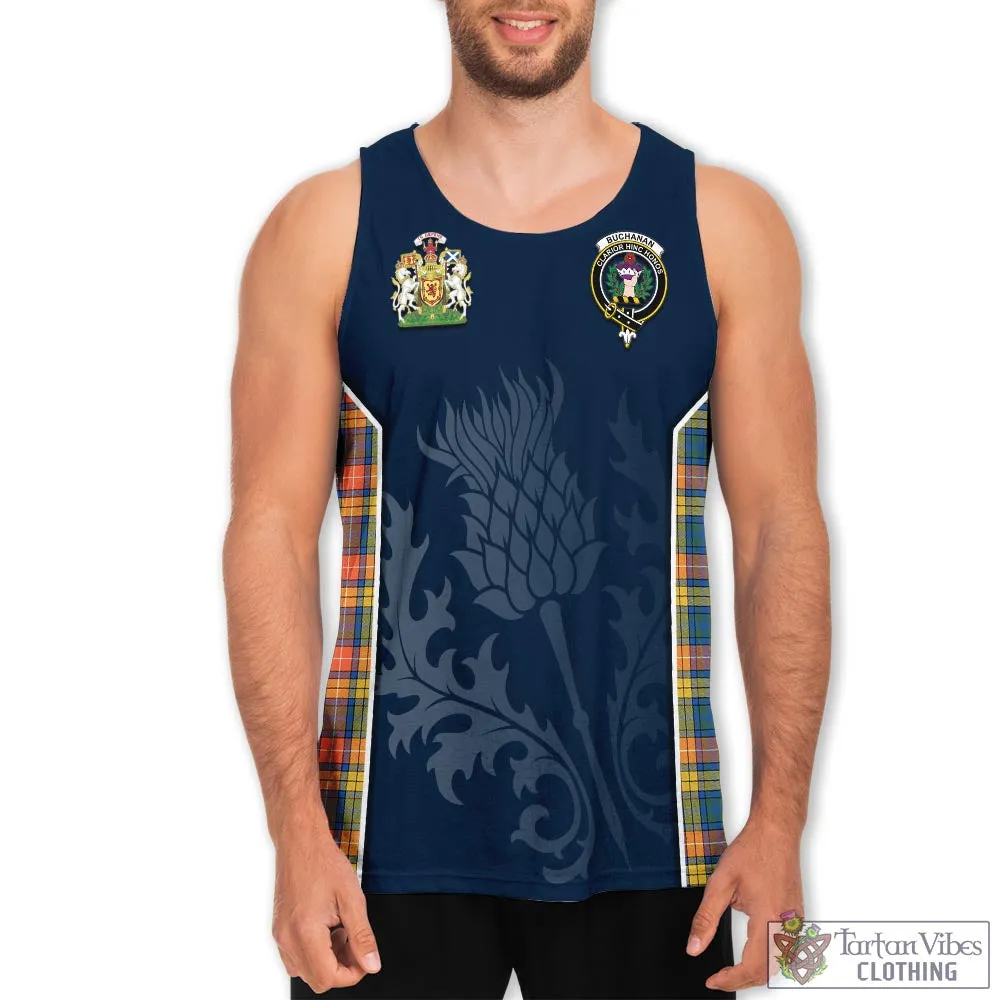 Buchanan Ancient Tartan Men's Tanks Top with Family Crest and Scottish Thistle Vibes Sport Style