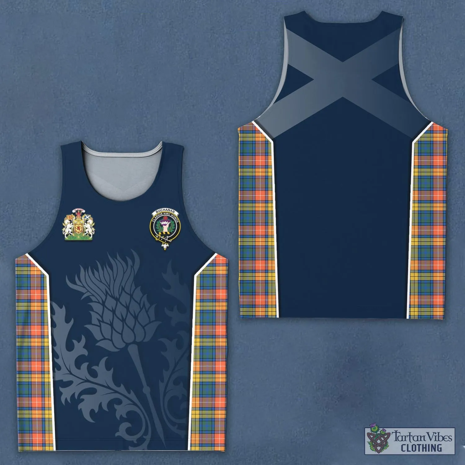 Buchanan Ancient Tartan Men's Tanks Top with Family Crest and Scottish Thistle Vibes Sport Style