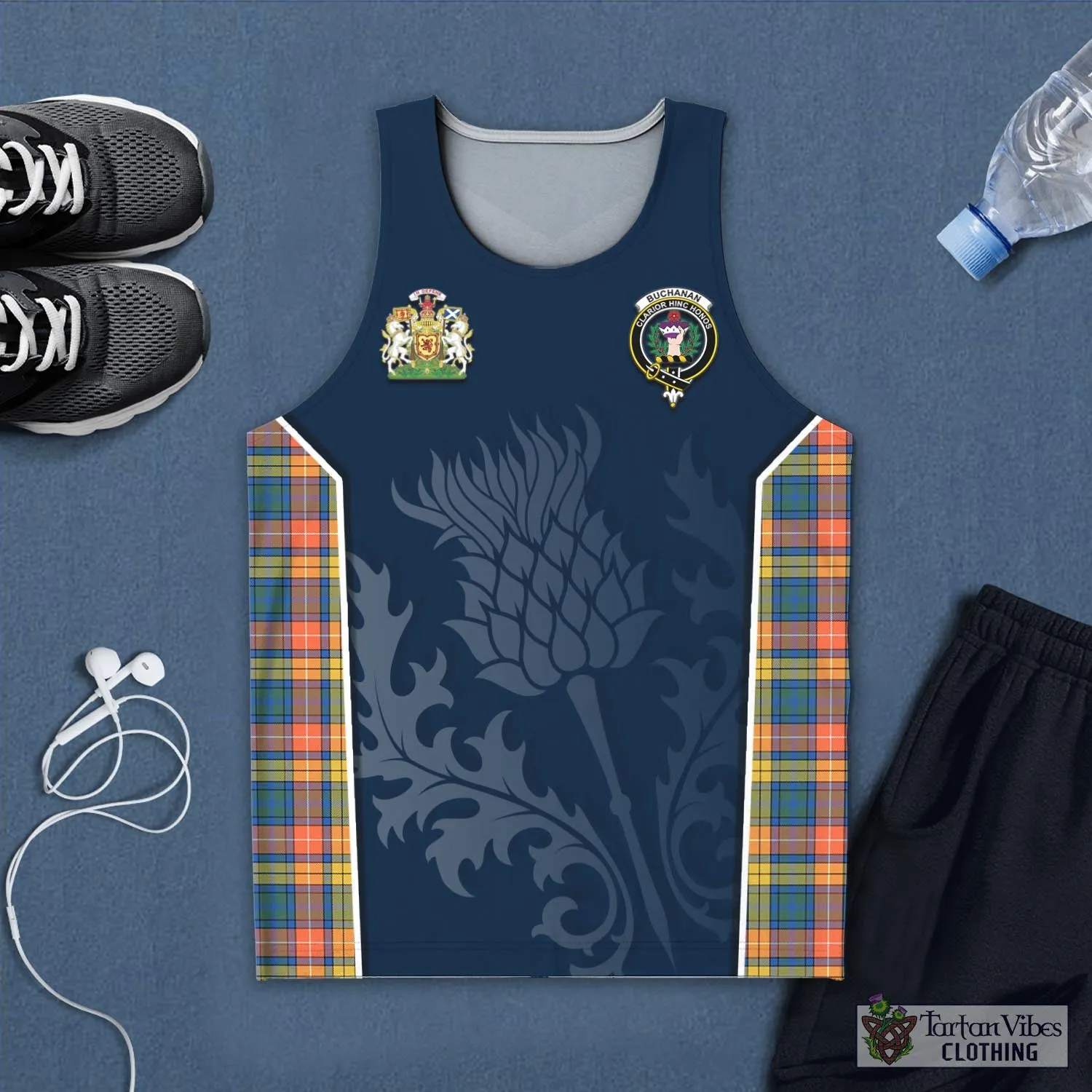 Buchanan Ancient Tartan Men's Tanks Top with Family Crest and Scottish Thistle Vibes Sport Style