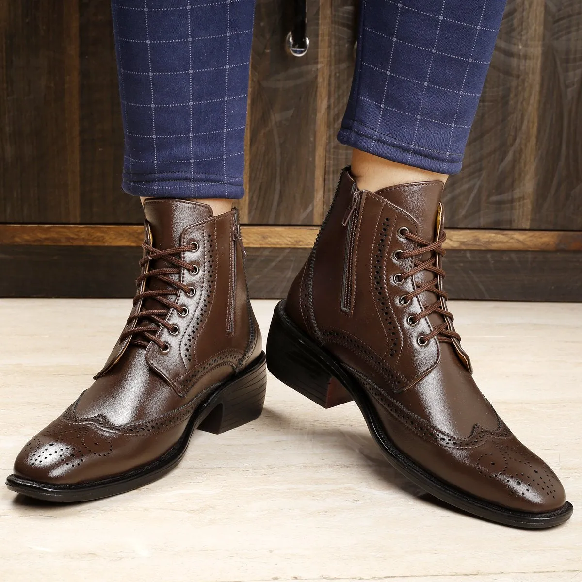 Bxxy's Men's Height Increasing Semi-Formal Cow Boy Ankle Zipper Lace-Up Brogue Boots