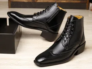 Bxxy's Men's Height Increasing Semi-Formal Cow Boy Ankle Zipper Lace-Up Brogue Boots