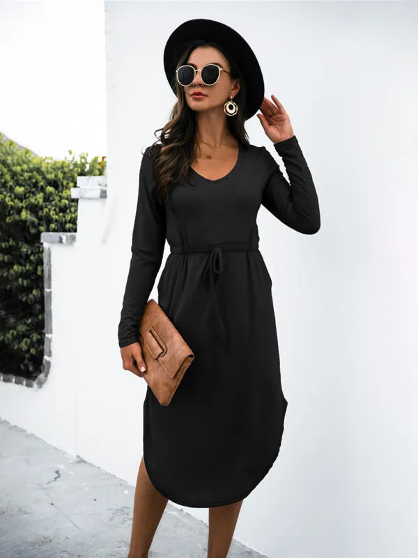 Colored cotton solid color V-neck long-sleeved tie slit dress