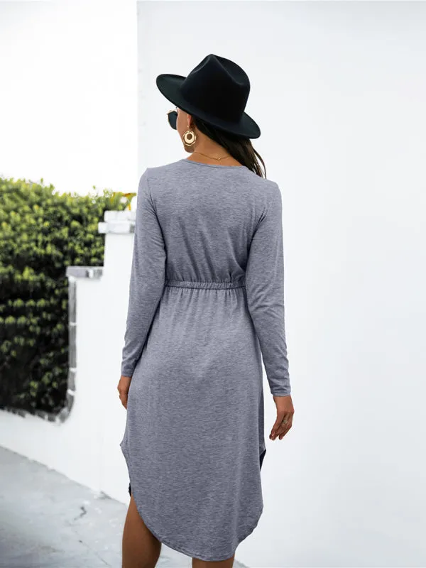 Colored cotton solid color V-neck long-sleeved tie slit dress