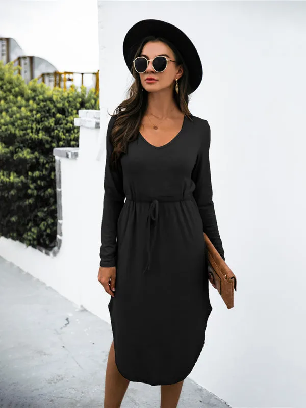 Colored cotton solid color V-neck long-sleeved tie slit dress