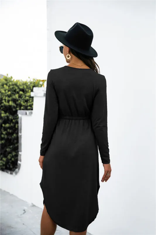 Colored cotton solid color V-neck long-sleeved tie slit dress