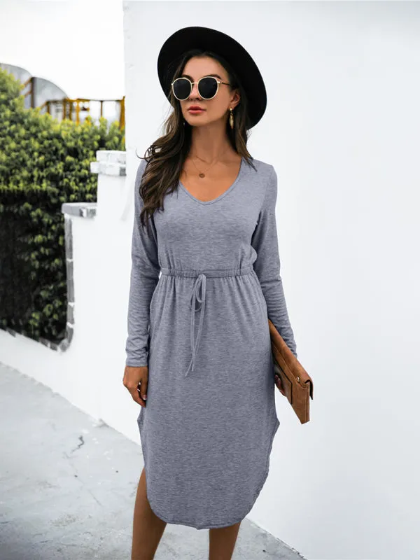 Colored cotton solid color V-neck long-sleeved tie slit dress