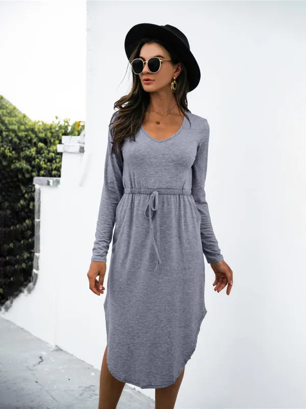 Colored cotton solid color V-neck long-sleeved tie slit dress