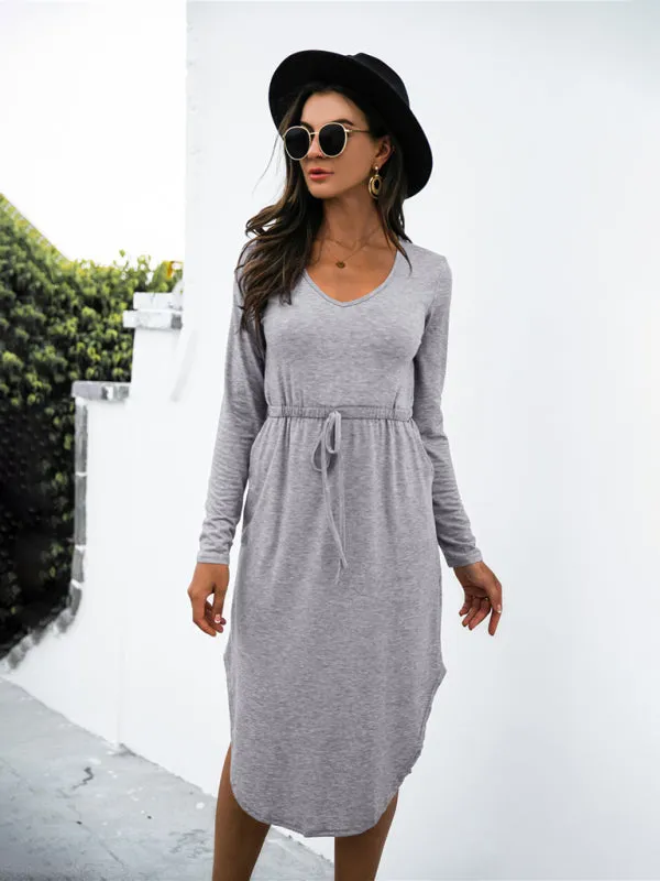 Colored cotton solid color V-neck long-sleeved tie slit dress