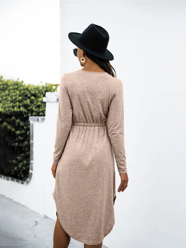 Colored cotton solid color V-neck long-sleeved tie slit dress