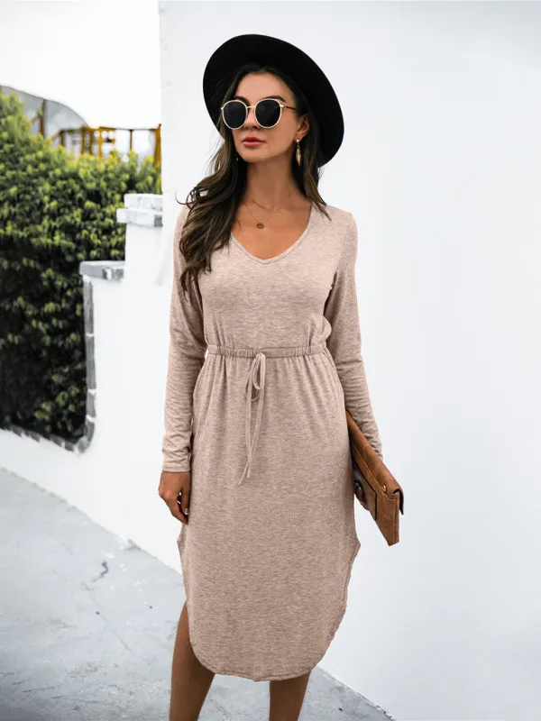 Colored cotton solid color V-neck long-sleeved tie slit dress