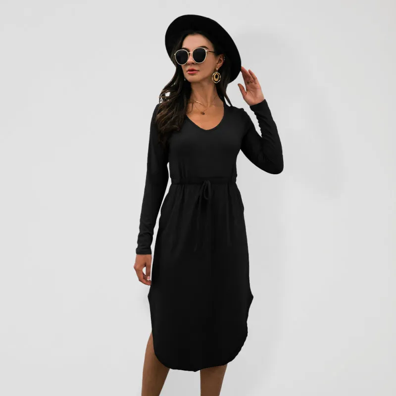 Colored cotton solid color V-neck long-sleeved tie slit dress