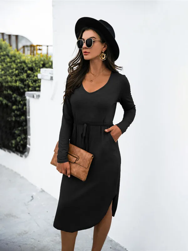 Colored cotton solid color V-neck long-sleeved tie slit dress