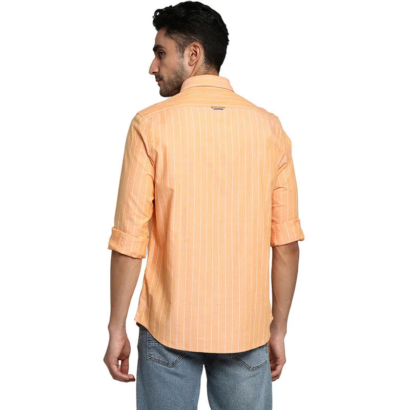 Cotton Orange Slim Fit Striped Casual Shirt