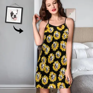 Custom Face Pet Dog Yellow Flower Nightgown for Women Loose Sleepwear V Neck Pajama Dress Soft Nightshirt Sleeveless Nightdress Chemise