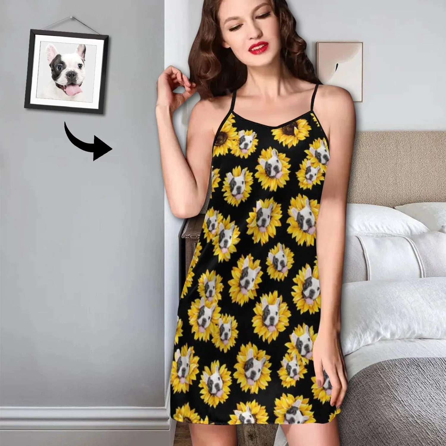 Custom Face Pet Dog Yellow Flower Nightgown for Women Loose Sleepwear V Neck Pajama Dress Soft Nightshirt Sleeveless Nightdress Chemise