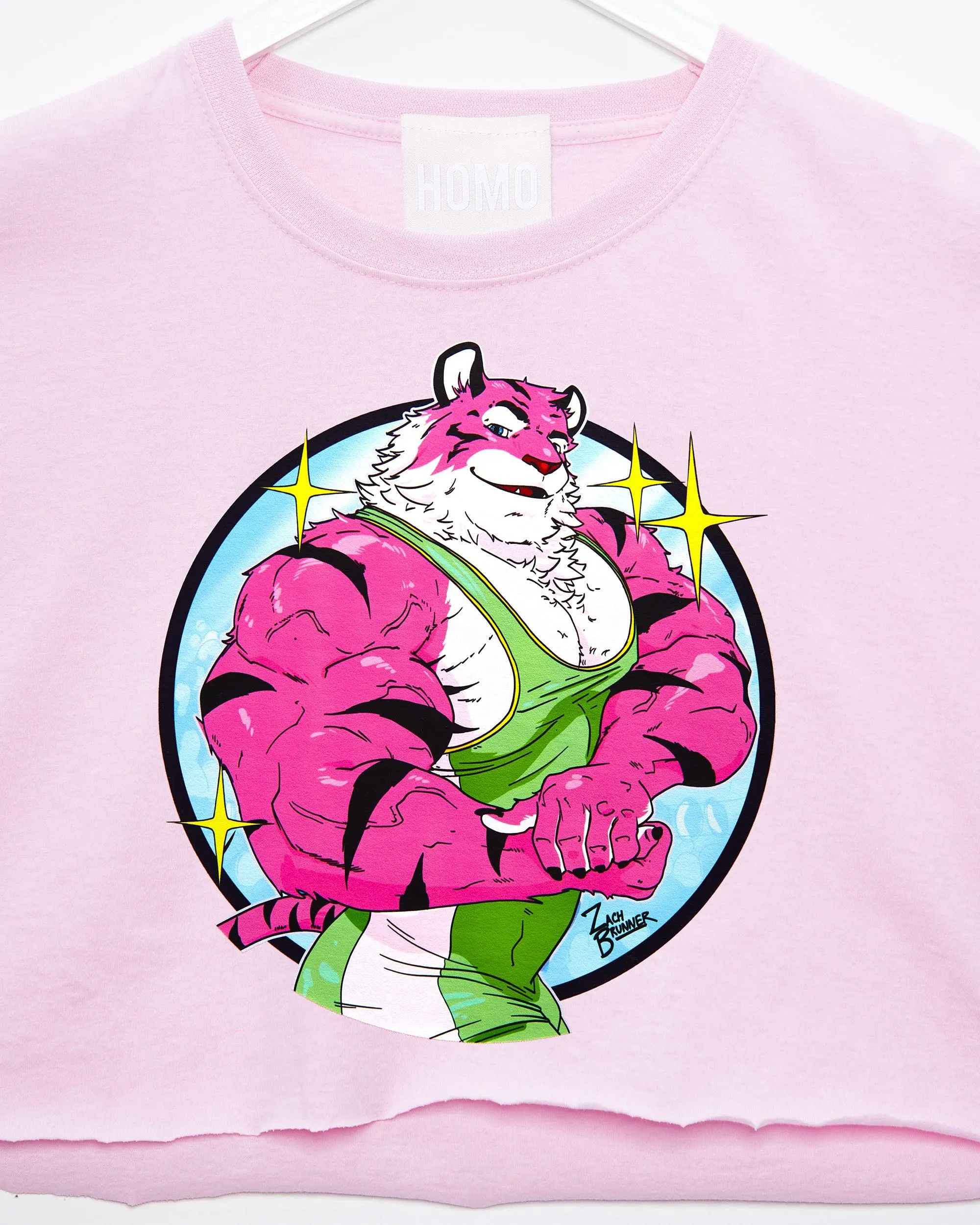 Flexing tiger wrestler Rocky - pink crop top