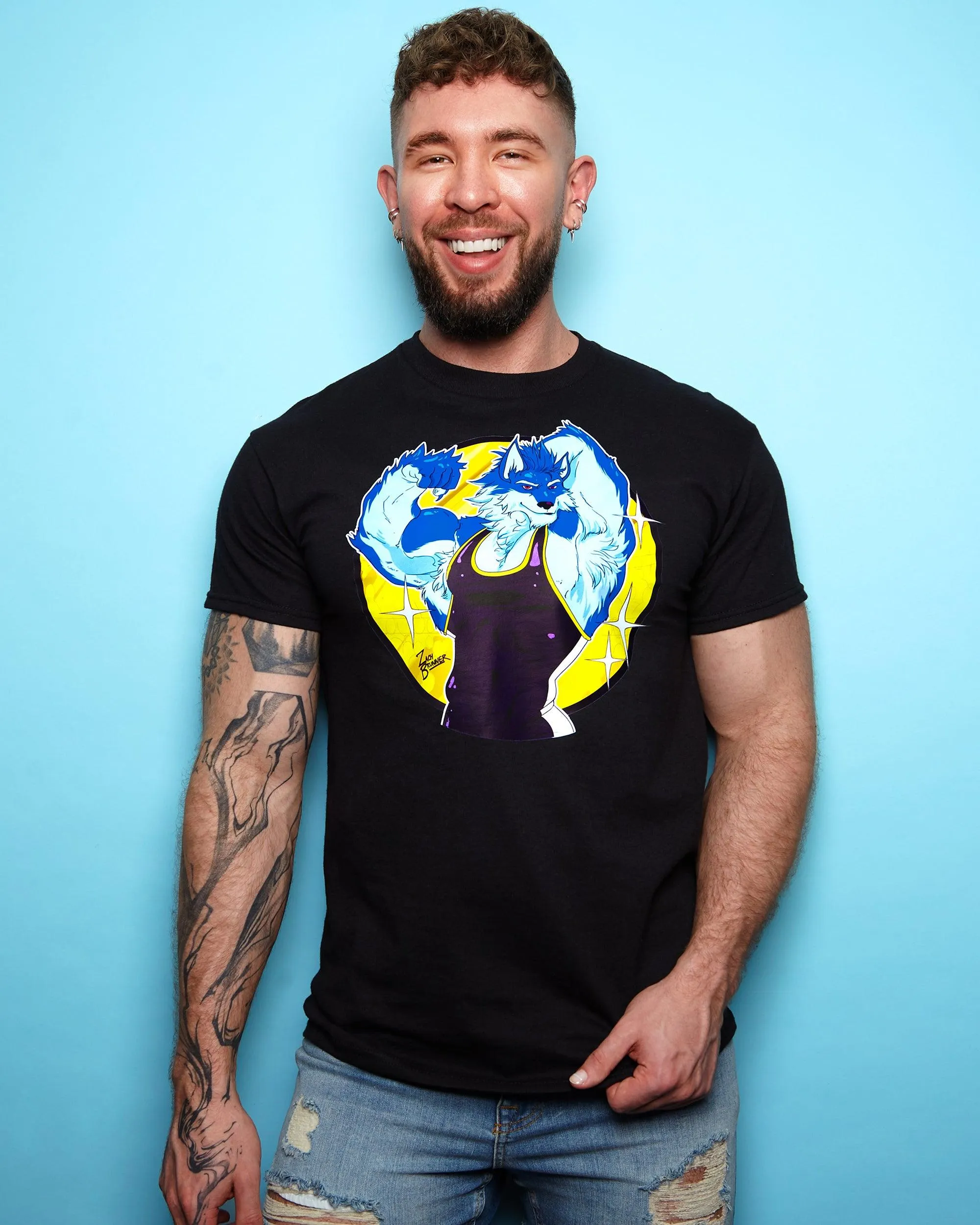 Flexing wolf wrestler Magnus - black tshirt