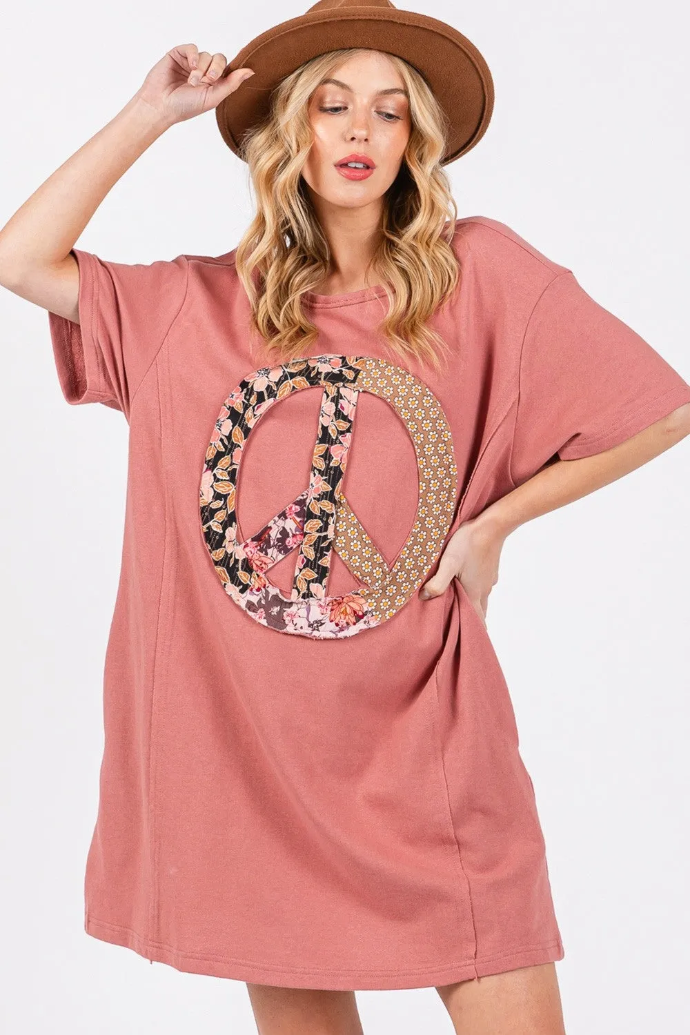 Full Size Peace Sign Applique Short Sleeve Tee Dress