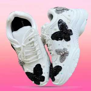 FUNKY N TRENDY black and grey butterfly embroidery sneakers for brides /white silver embroidered sneakers/ handcrafted sneakers/ butterfly sneakers / bridal sneakers / bridesmaid sneakers/ black sneakers/ grey sneaker