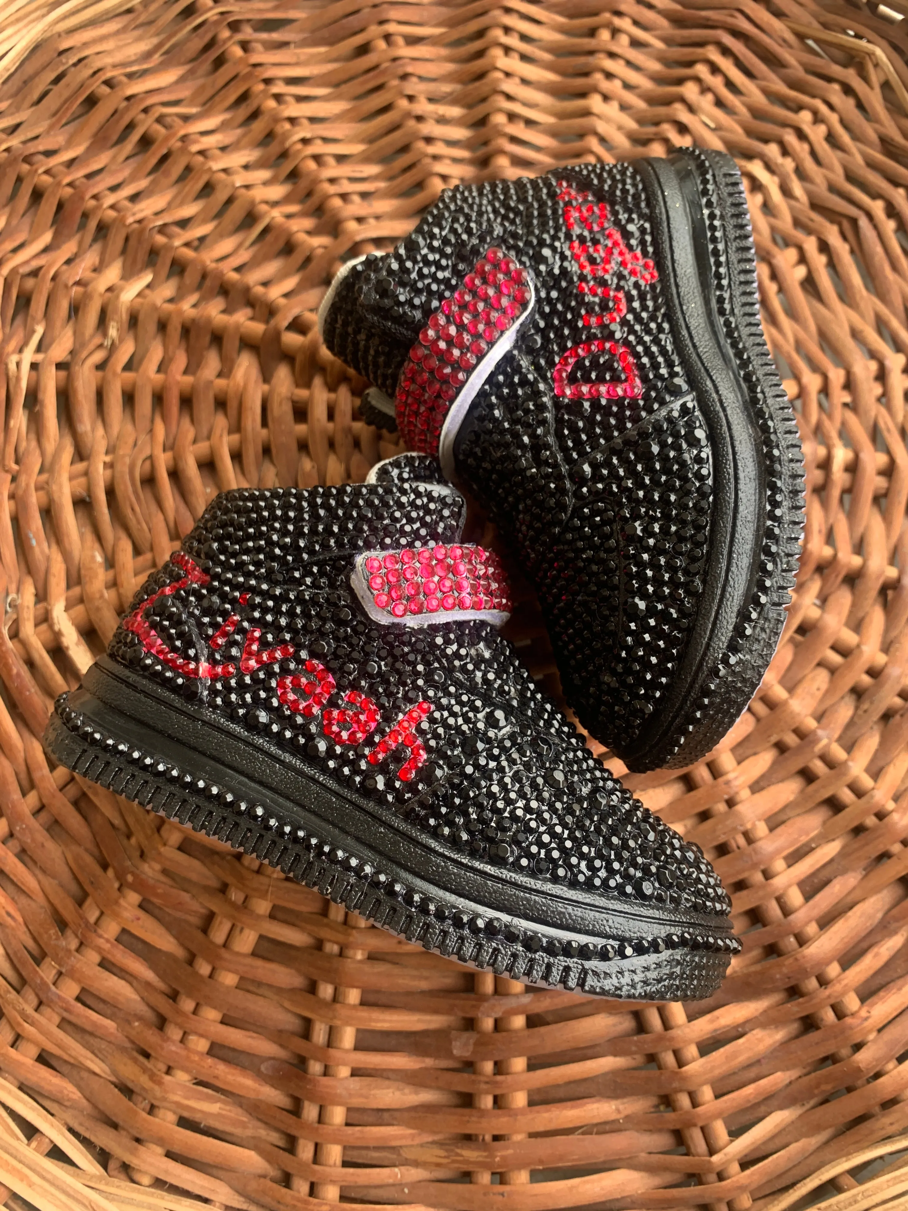 Funky N Trendy black and red rhinestone sneakers with custom name detailing/kids sneakers/ rhinestone shoes / kids shoes/ black sneakers /black shoes for kids/handmade sneakers for kids