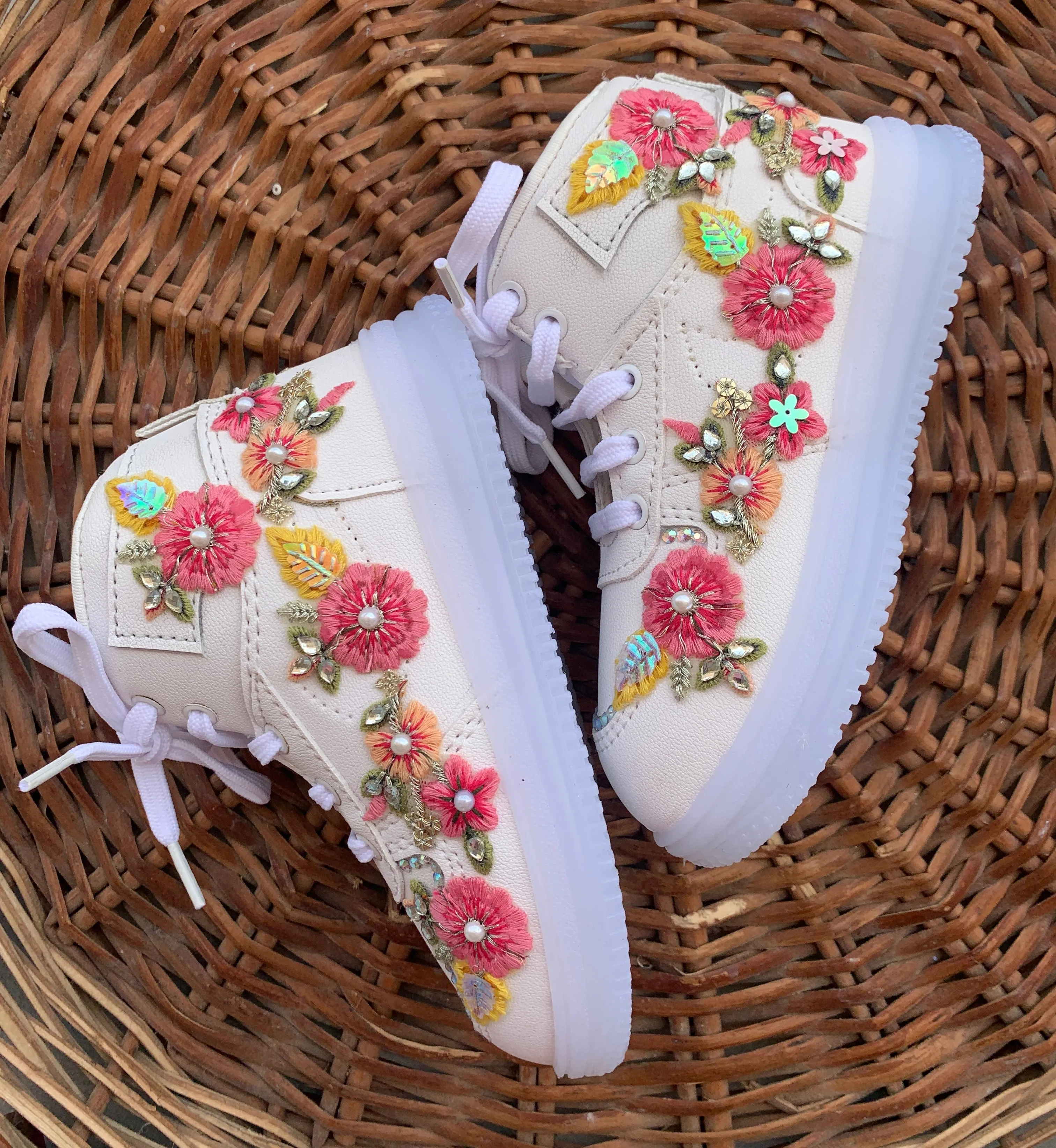 Funky N Trendy floral sneakers with beads detailing kids sneakers/ kids sneaker / kids shoes/ floral sneakers / white shoes for kids/floral shoes for kids